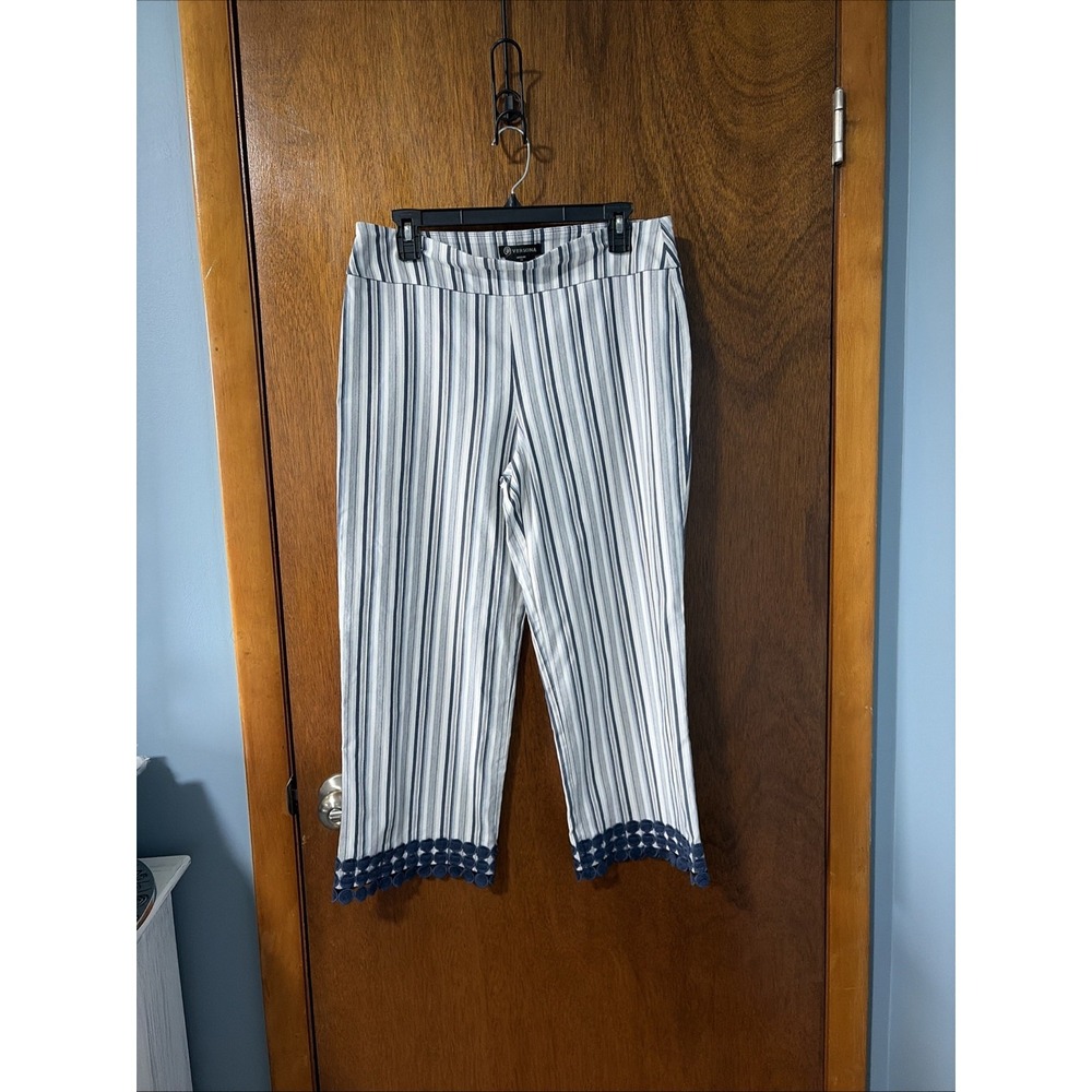 Versona Striped Wide Leg Cropped Pants Navy Blue White Gray Size 12 Trim